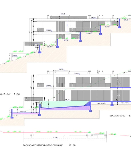 A technical architectural cross-section drawing of a multi-level hillside property, showing structural levels and terrain integration.