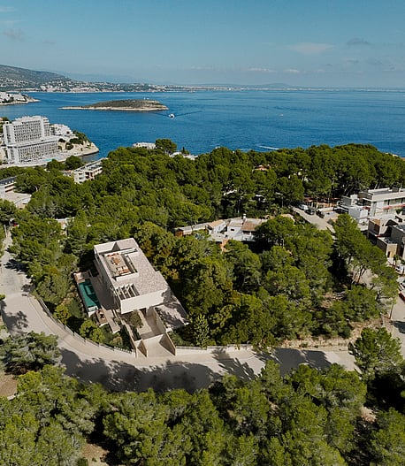 Aerial view of the villa within pine woodland near the coast