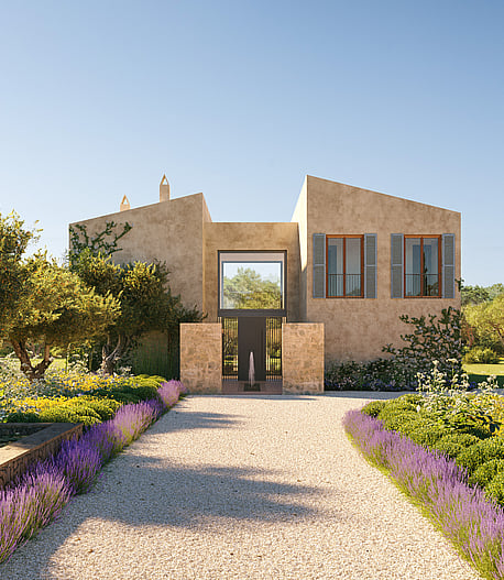 Render of a new-build finca with gabled brick facades, stone base and green-roofed carport pergolas