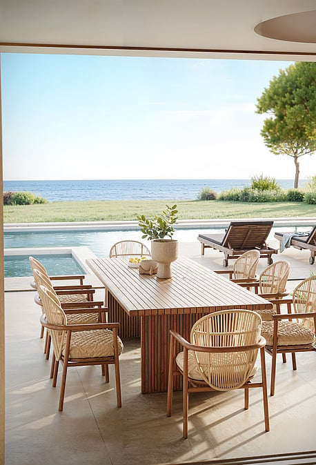 A slatted wood outdoor dining table with wicker chairs on a covered terrace, facing a swimming pool and the Mediterranean sea.