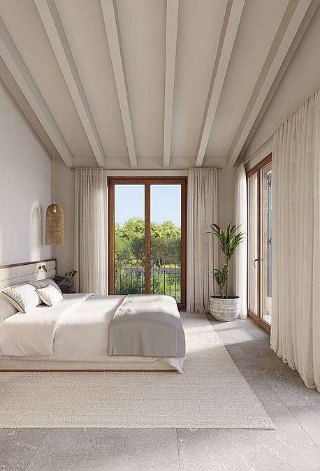 Render of a double bedroom with louvered shutters opening to countryside views