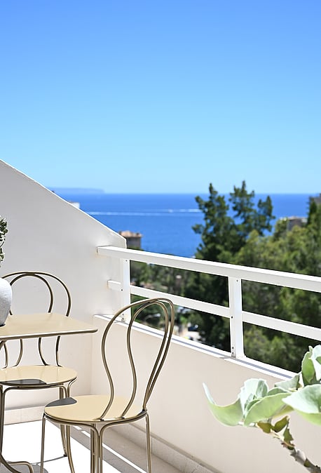 Panoramic view from rooftop terrace across Mediterranean pine canopy toward the Bay of Palma