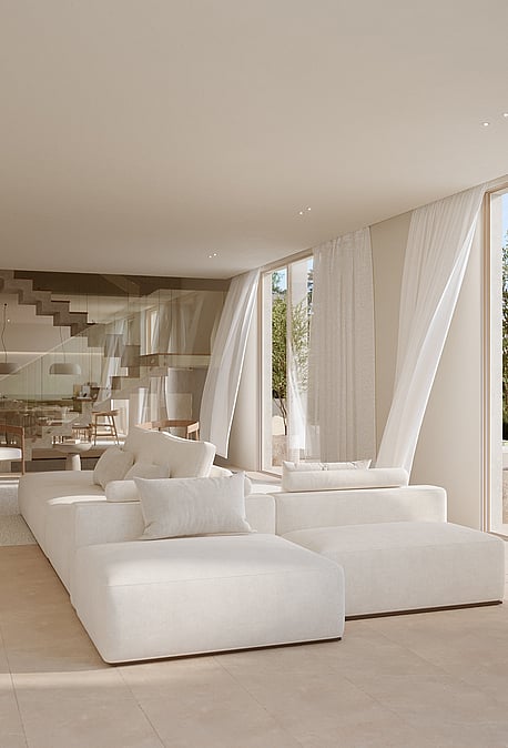 Bright open-plan living room featuring a white modular sofa, floor-to-ceiling windows, and a floating staircase.