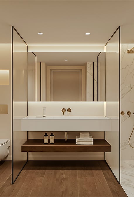 Marble en-suite bathroom with walk-in shower, brushed brass fixtures, wall-hung WC, floating basin on a timber shelf and a backlit mirror.