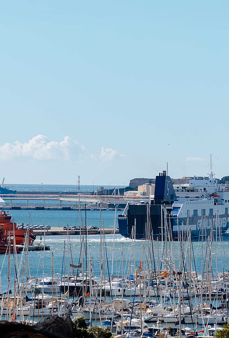 Blue sky in Mallorca with the sea and yacht harbour in Palma