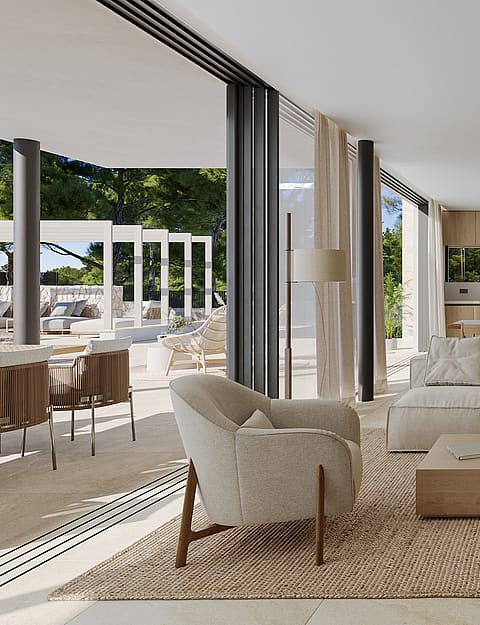 A modern living room with beige sectional sofa, textured area rug, and light wood panel walls, opening onto a sunlit terrace.
