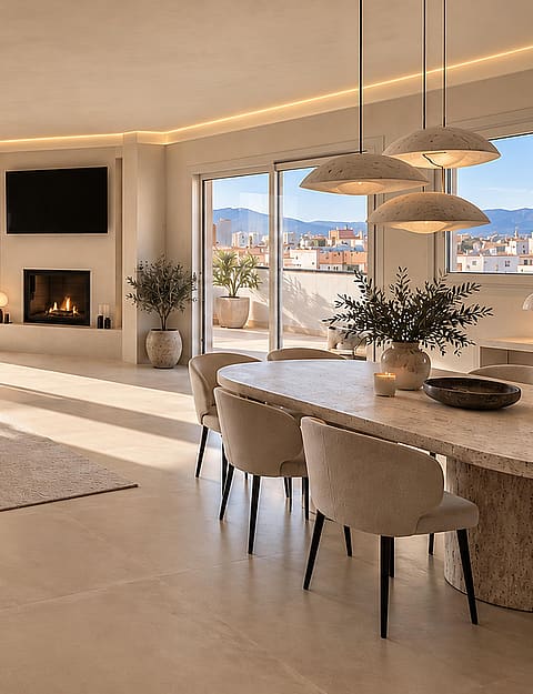 Interior view of an open-plan living area with cream-colored furniture, fireplace, tiled floors, and access to a terrace.