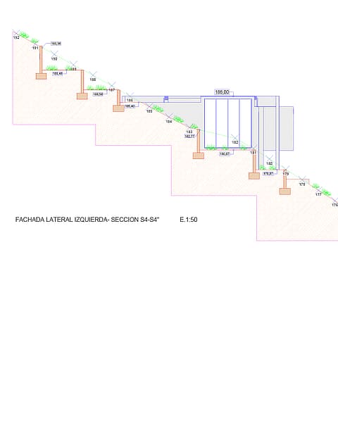A technical architectural cross-section drawing showing the terraced plot grading and foundation levels for a hillside property.