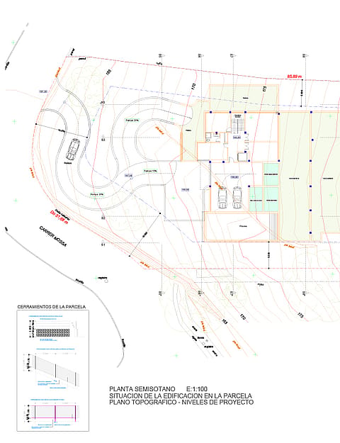 Detailed technical architectural site plan showing the land boundaries, building footprint, and surrounding topography in Son Vida.
