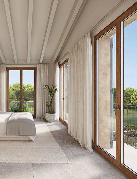Render of a double bedroom with louvered shutters opening to countryside views