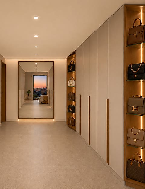 Interior design of walk.in closet from the principal bedroom of Son Dameto apartment Palma
