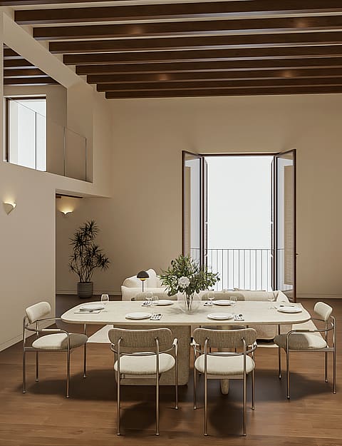 Double-height living and dining room with travertine table, pale sofa, exposed beams, tall balcony doors and an internal mezzanine window high on the wall.