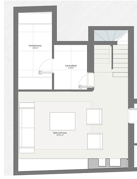 Top-down 2D floor plan layout showing a living area, staircase, and bathroom configuration.