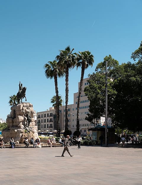 Wide shot of a sunny public square in Palma with palm trees, a central equestrian monument, and pedestrians.