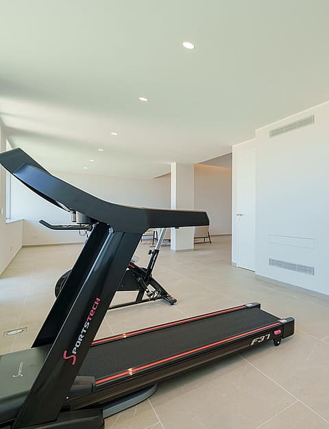 A modern home fitness room containing a treadmill and a glass-enclosed cedar wood sauna with tiered bench seating.