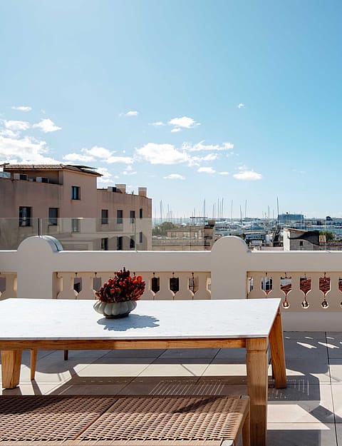 Rooftop terrace with white balustrade, dining table, and sun loungers overlooking the Santa Catalina neighborhood and port.