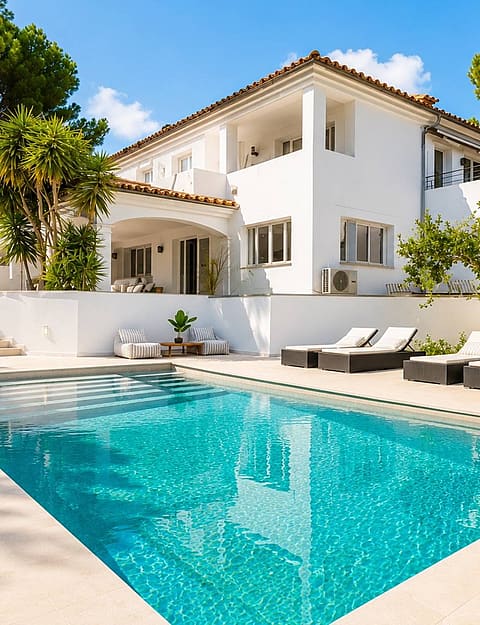 Rear view of a white two-storey villa in Santa Ponsa with rectangular pool, sun loungers and terracotta tile roof