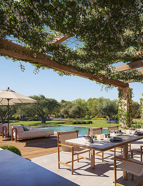 Render of a new-build finca with gabled brick facades, stone base and green-roofed carport pergolas