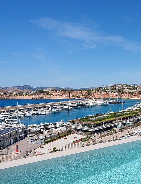 An elevated infinity pool looking down over a marina filled with yachts, with a coastal landscape in the background.