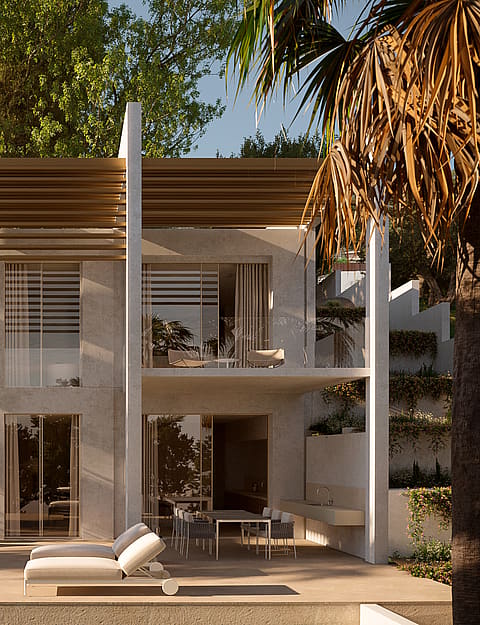 A white two-story villa exterior featuring a large wooden pergola, glass balconies, and a poolside terrace with sun loungers.