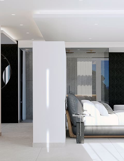 A modern master bedroom features a bed with grey headboard, positioned against a textured black feature wall with integrated lighting.