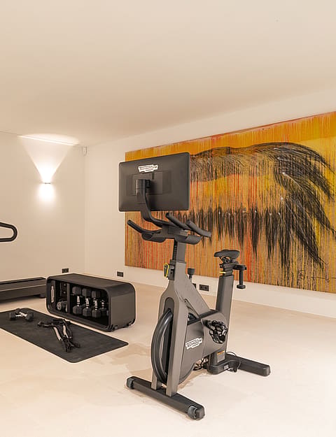 A minimalist home gym featuring a stationary bike, a treadmill, and a rack of dumbbells set against a large abstract painting.