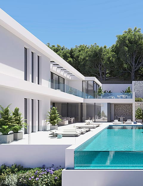 Contemporary white villa with a transparent infinity edge pool, stone terrace, and landscaped garden against a wooded slope.