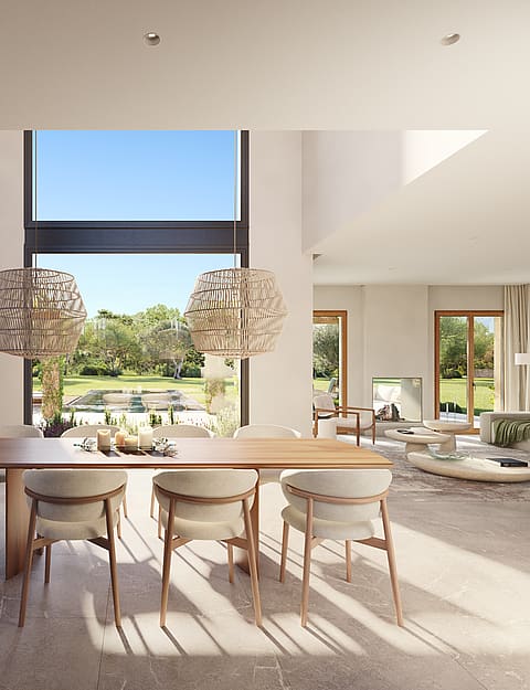 Render of a kitchen island with bar stools, linear pendant light and windows framing garden views