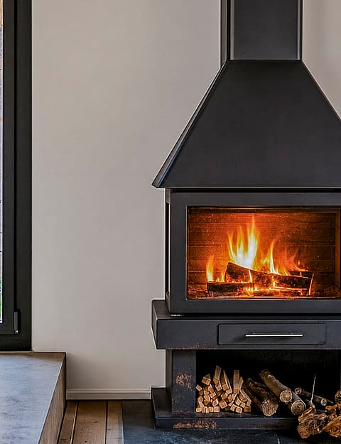 A modern black metal wood-burning fireplace stands against a white wall next to a large window revealing green foliage.