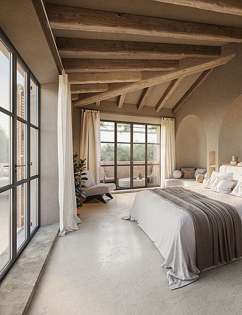 Spacious bedroom with stone walls, wooden vaulted ceiling, and large metal-framed glass doors opening to a terrace.