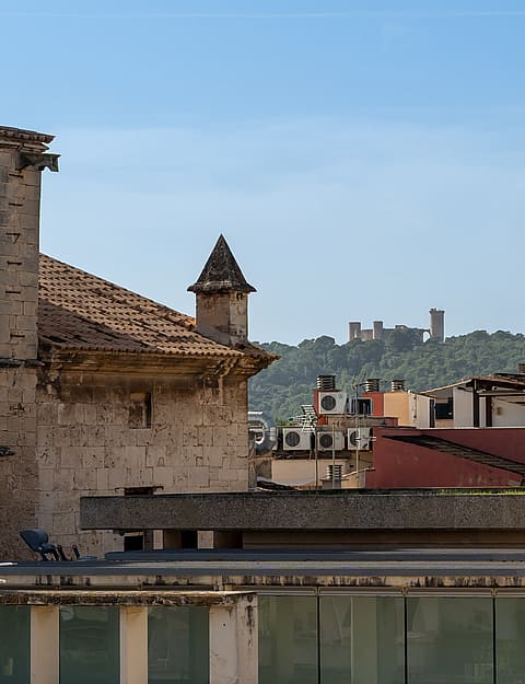 View from a rooftop terrace overlooking historic Palma rooftops and Bellver Castle towards the Tramuntana mountains.