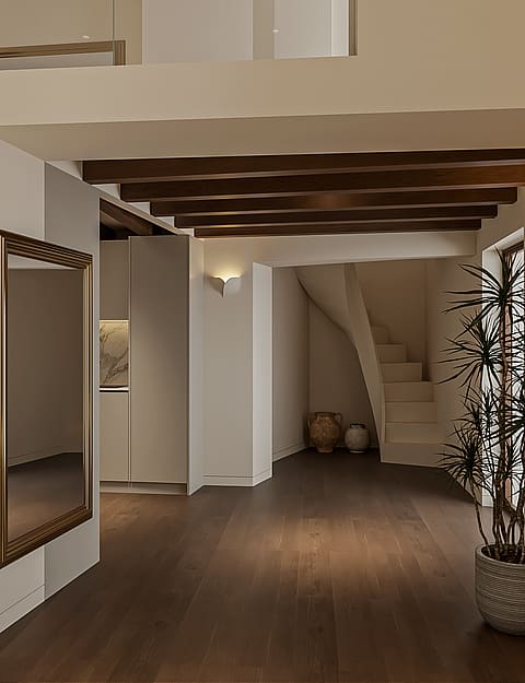 Evening view of a double-height living space with a curved staircase to a mezzanine, exposed wooden beams, oak flooring and a tall potted plant.