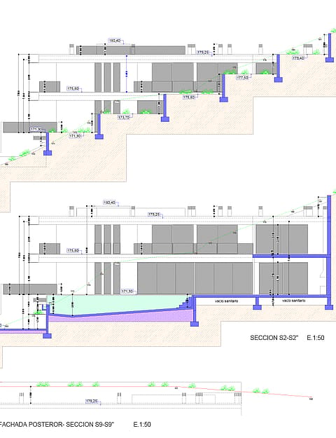 A technical architectural cross-section drawing of a multi-level hillside property, showing structural levels and terrain integration.