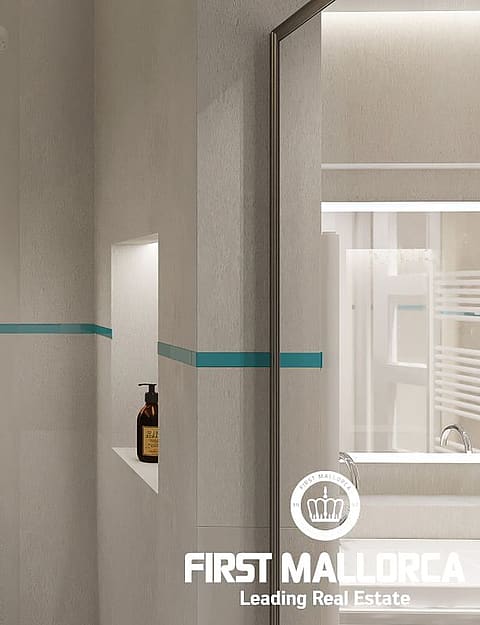 Close-up of a walk-in shower with light grey stone walls, a rainfall shower head, and a teal decorative tile accent strip.