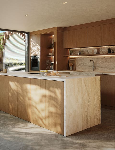 Modern kitchen island with fluted wood front and stone countertop, featuring integrated appliances and soft natural lighting.