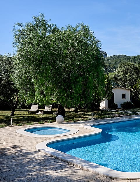 A blue swimming pool with an attached circular spa area, surrounded by a light-colored stone terrace and mature trees against a mountain backdrop.