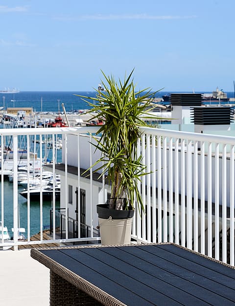 A private outdoor terrace with wicker seating and a potted plant, overlooking a marina filled with yachts.