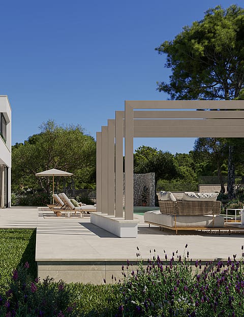 Contemporary two-story villa in Son Gual with clean white lines, large glass windows, and an outdoor terrace with pergola.