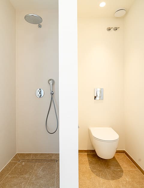 A minimalist bathroom section featuring a wall-mounted toilet and a walk-in shower with chrome fixtures and tiled floors.