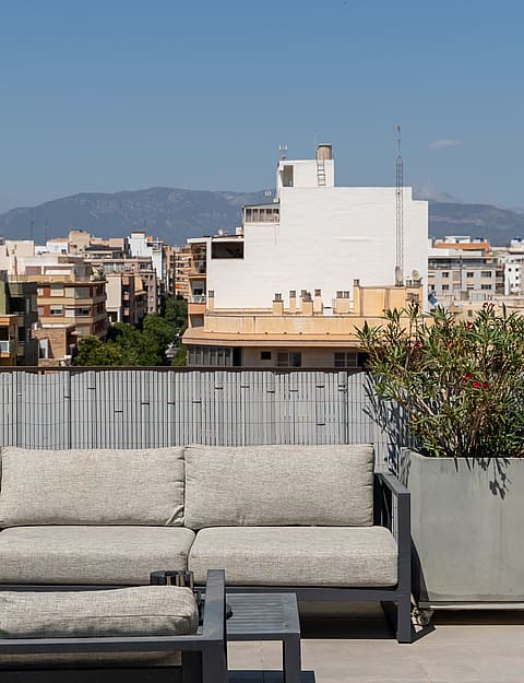 A rooftop terrace featuring a grey sofa, a large potted plant, and a metal privacy screen overlooking the Old Town cityscape.