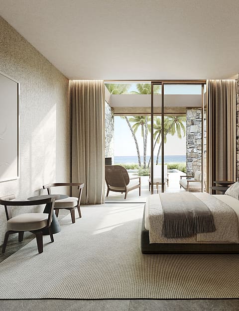 A modern bedroom with a large bed, textured walls, and floor-to-ceiling glass doors opening onto a terrace with sea views.