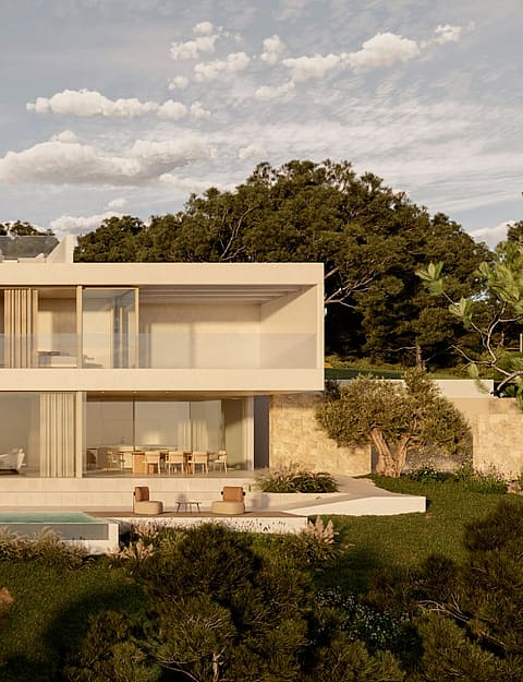 Contemporary villa exterior with pool and terraced garden by day