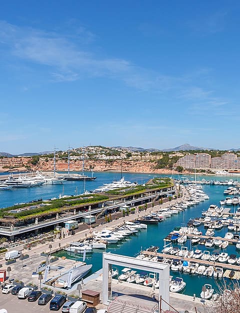 Elevated view overlooking Port Adriano marina with docked yachts, a blue sea bay, and the coastal town in the background.