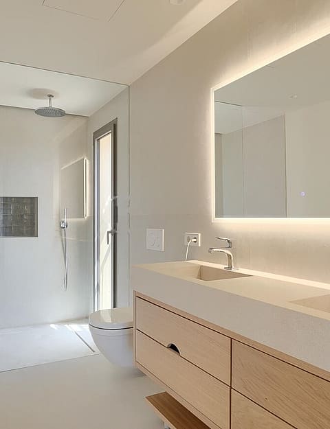 Bright bathroom with dual vanity, light wood cabinetry, walk-in shower with glass partition and wall-mounted rain showerhead.