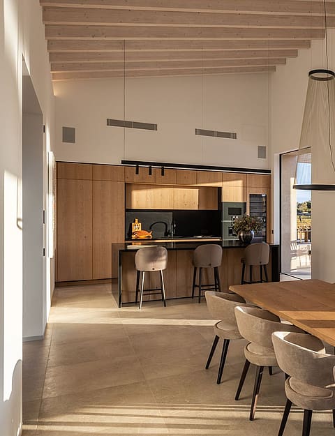 An open-concept interior featuring a long wooden dining table, modern mesh pendant lights, and a kitchen with light wood cabinetry and black accents.