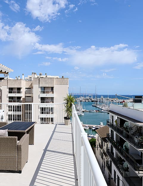 A sunny rooftop terrace overlooking the Santa Catalina marina with woven lounge furniture and a white railing.