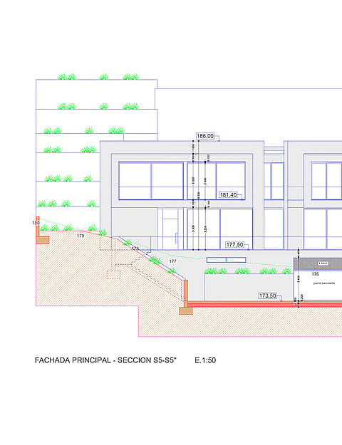 Technical architectural drawing showing the lateral facade elevation and site integration of the modern property.