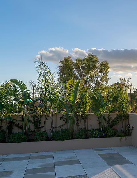 A stone-paved rooftop terrace featuring black metal railings and lush planters, overlooking village rooftops and hills at sunset.