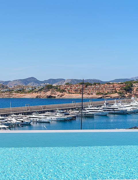 An infinity pool edge looking out towards the Port Adriano marina with yachts and the Mediterranean sea under a clear sky.