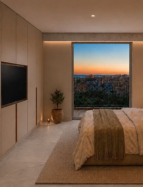 interior of the principal bedroom with views towards the city with morning light